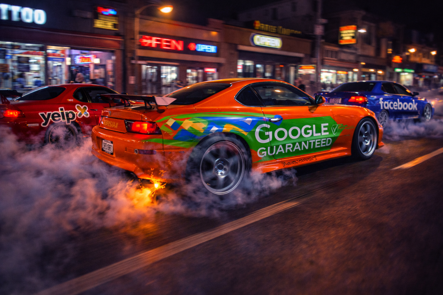 High-performance cars in neon-lit city race